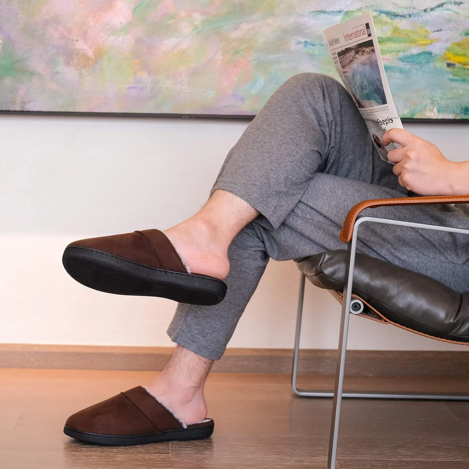 DL Men's Memory Foam Slippers with Fuzzy Plush Lining, Slip on House Slippers with Indoor Outdoor Anti-Skid Rubber Sole