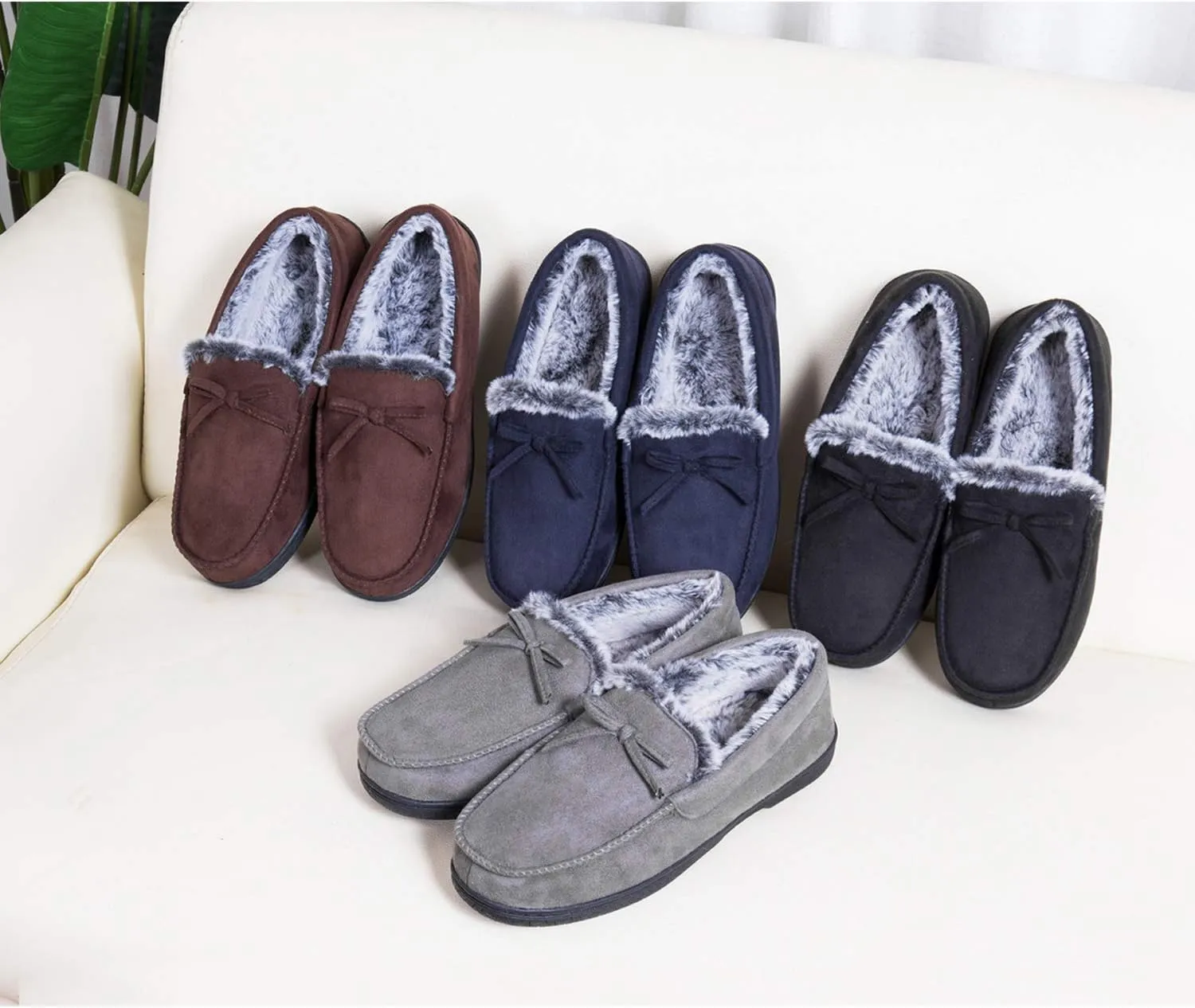 DL Men's Moccasin Slippers - Indoor & Outdoor, Suede Mens House Slippers with Memory Foam, Faux Fur Lining, Non Slip Outsole