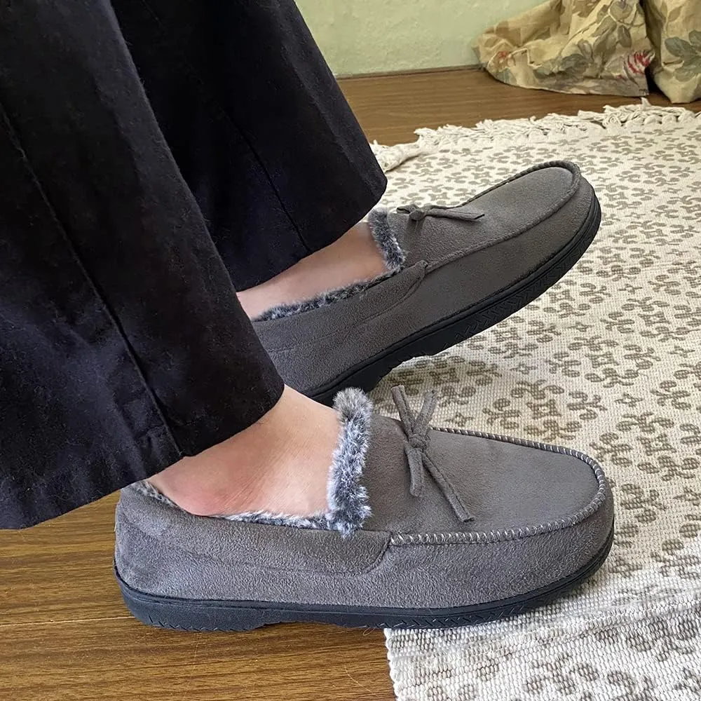 DL Men's Moccasin Slippers - Indoor & Outdoor, Suede Mens House Slippers with Memory Foam, Faux Fur Lining, Non Slip Outsole
