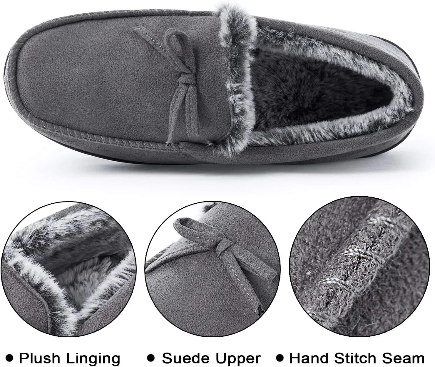 DL Men's Moccasin Slippers - Indoor & Outdoor, Suede Mens House Slippers with Memory Foam, Faux Fur Lining, Non Slip Outsole