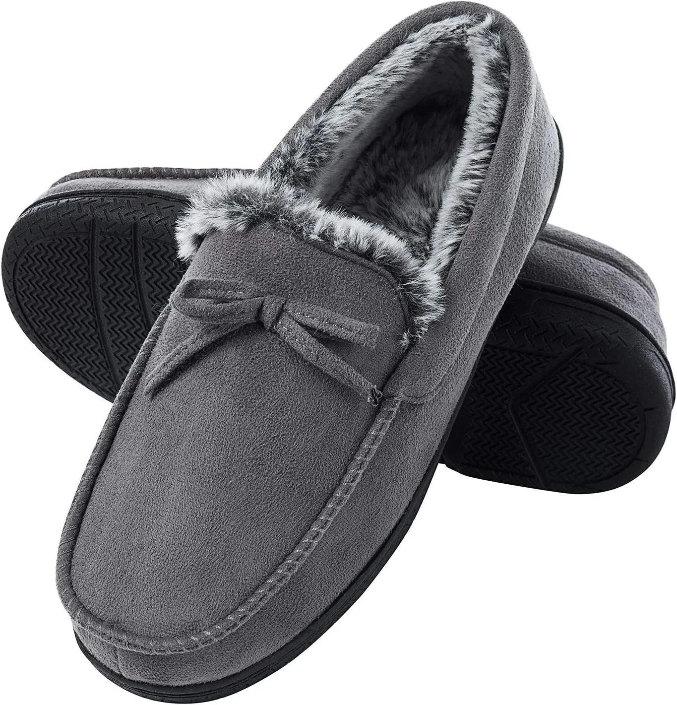 DL Men's Moccasin Slippers - Indoor & Outdoor, Suede Mens House Slippers with Memory Foam, Faux Fur Lining, Non Slip Outsole