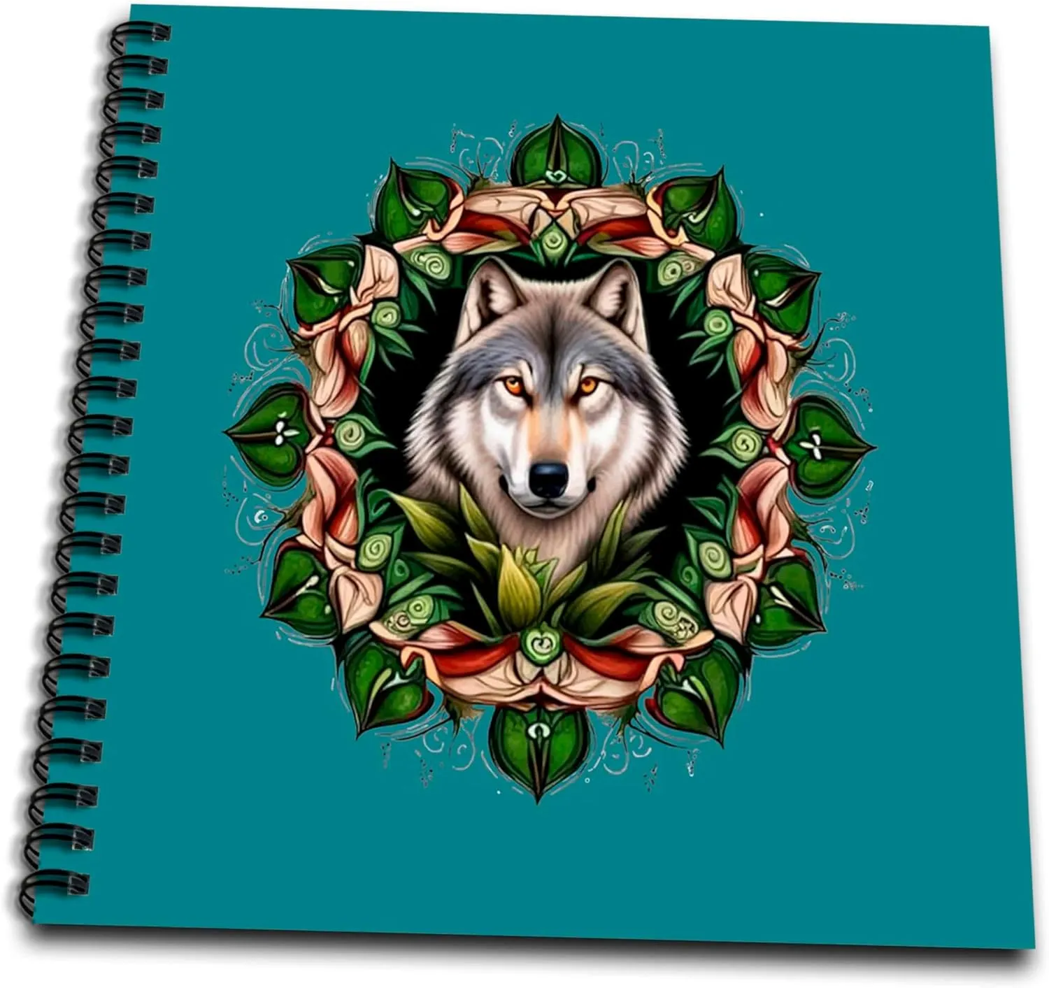 Drawing Book 8 x 8 inch - A Timber Wolf Surrounded by Ladys Slipper Minnesota State Tattoo Art Vector Art - Minnesota Mammal Flower