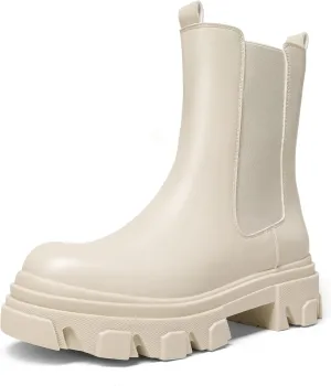 DREAM PAIRS Women's Platform Chelsea Boots Lug Sole Combat Mid Calf Slip On Chunky Ankle Booties