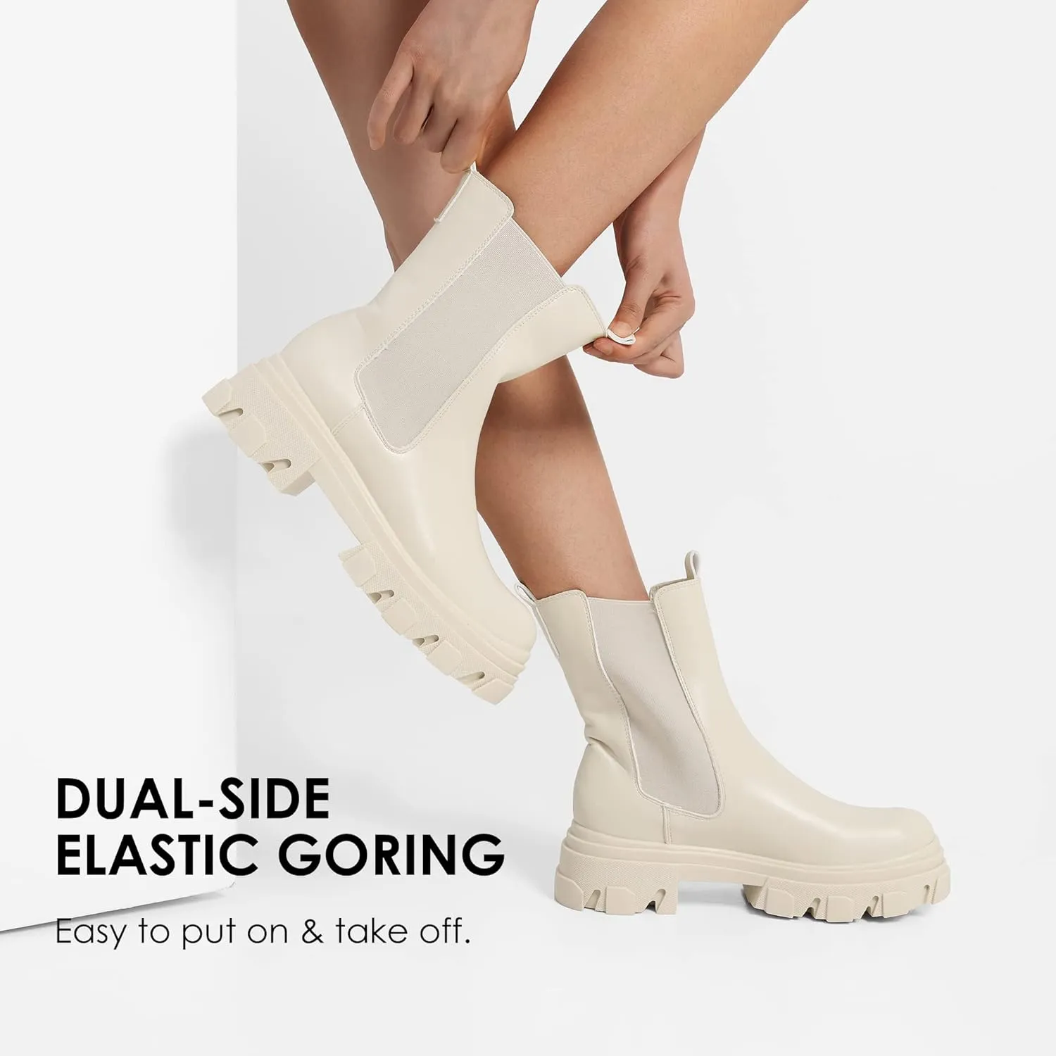 DREAM PAIRS Women's Platform Chelsea Boots Lug Sole Combat Mid Calf Slip On Chunky Ankle Booties