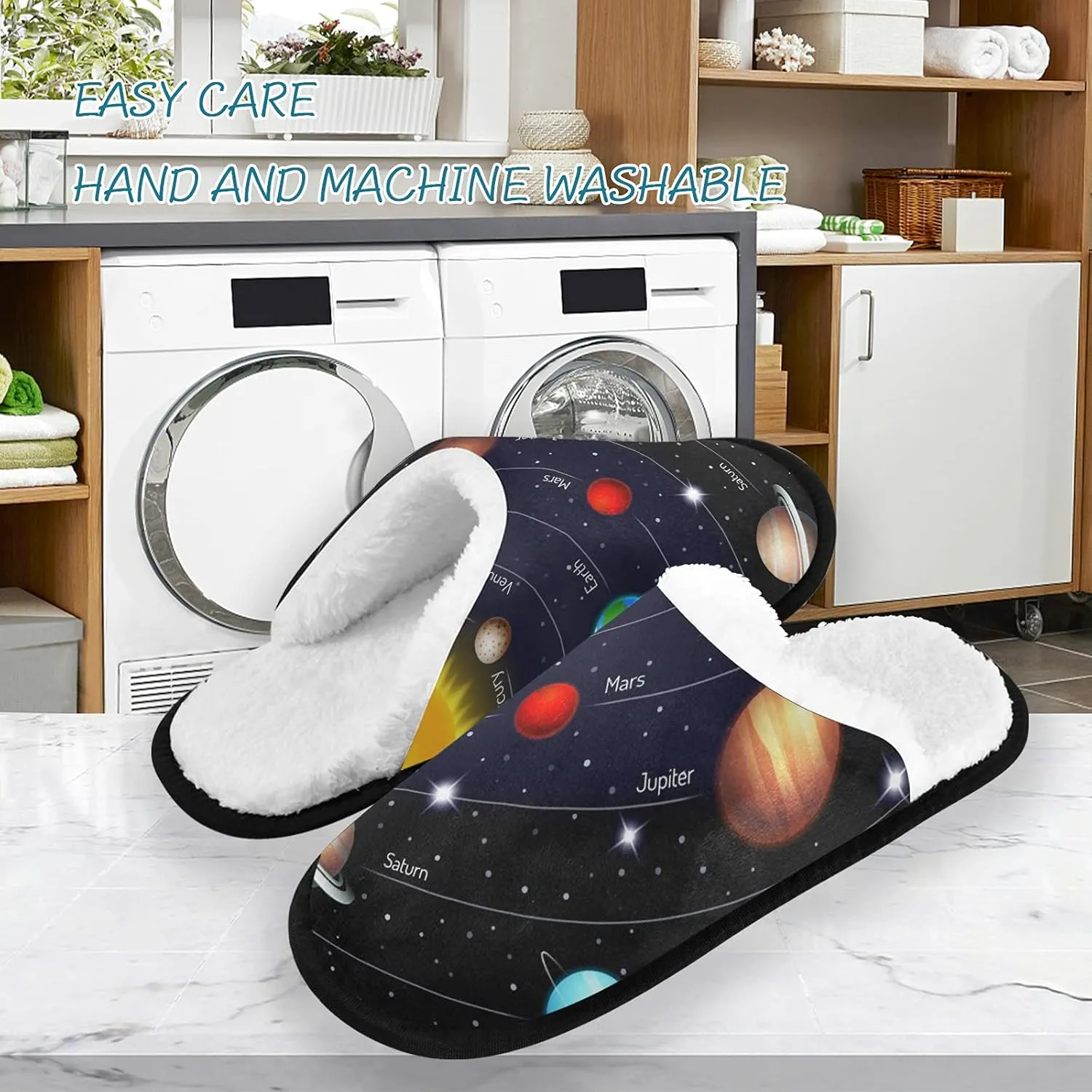Dussdil Galaxy Space Solar System Planets Womens Mens Slippers Sun Earth Mars Stars Moon Home Spa Slippers Memory Foam Closed Toe Slipper Non Slip for House Hotel Bedroom Travel Shoes M