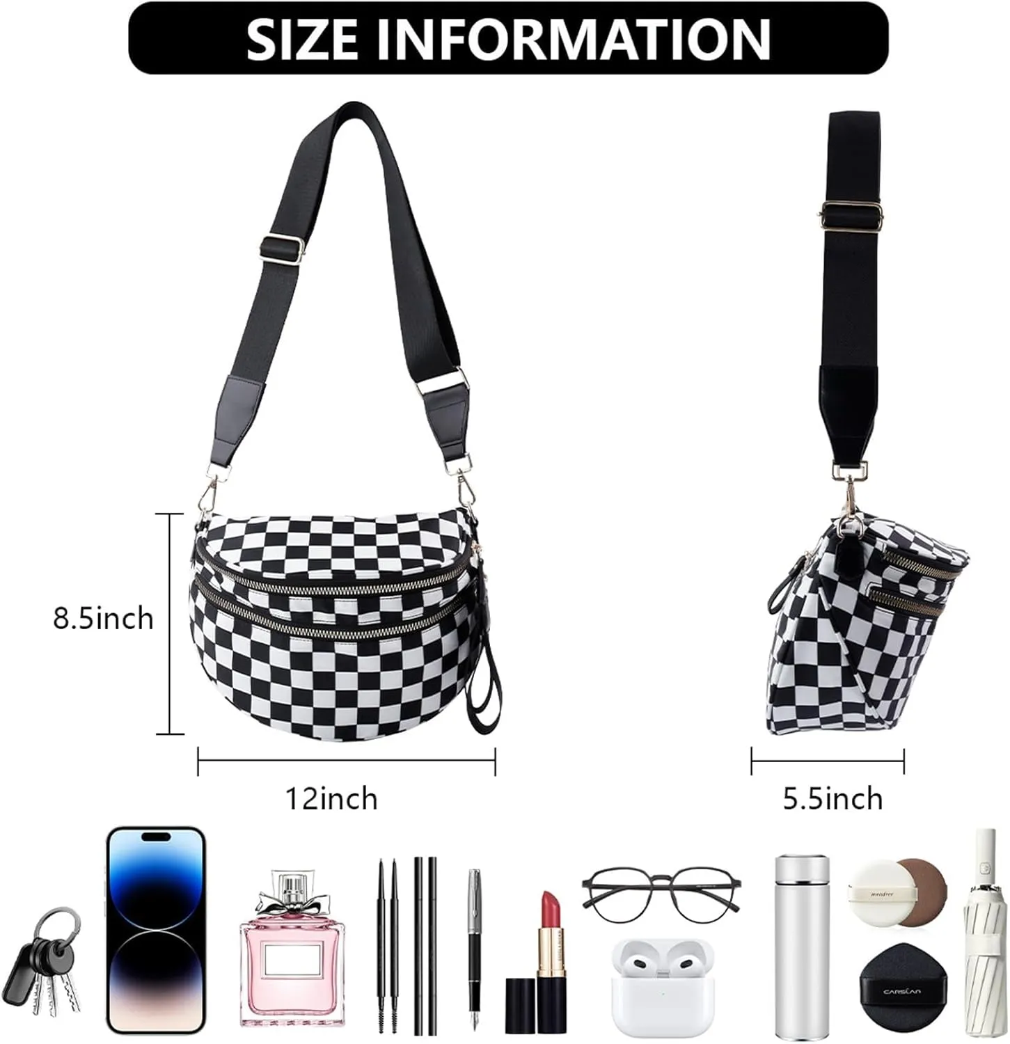 Emmafy Crossbody Bags for Women, Black And White Checkered Crossbody Bag for Women, Spacious Checkered Purse Fanny Pack