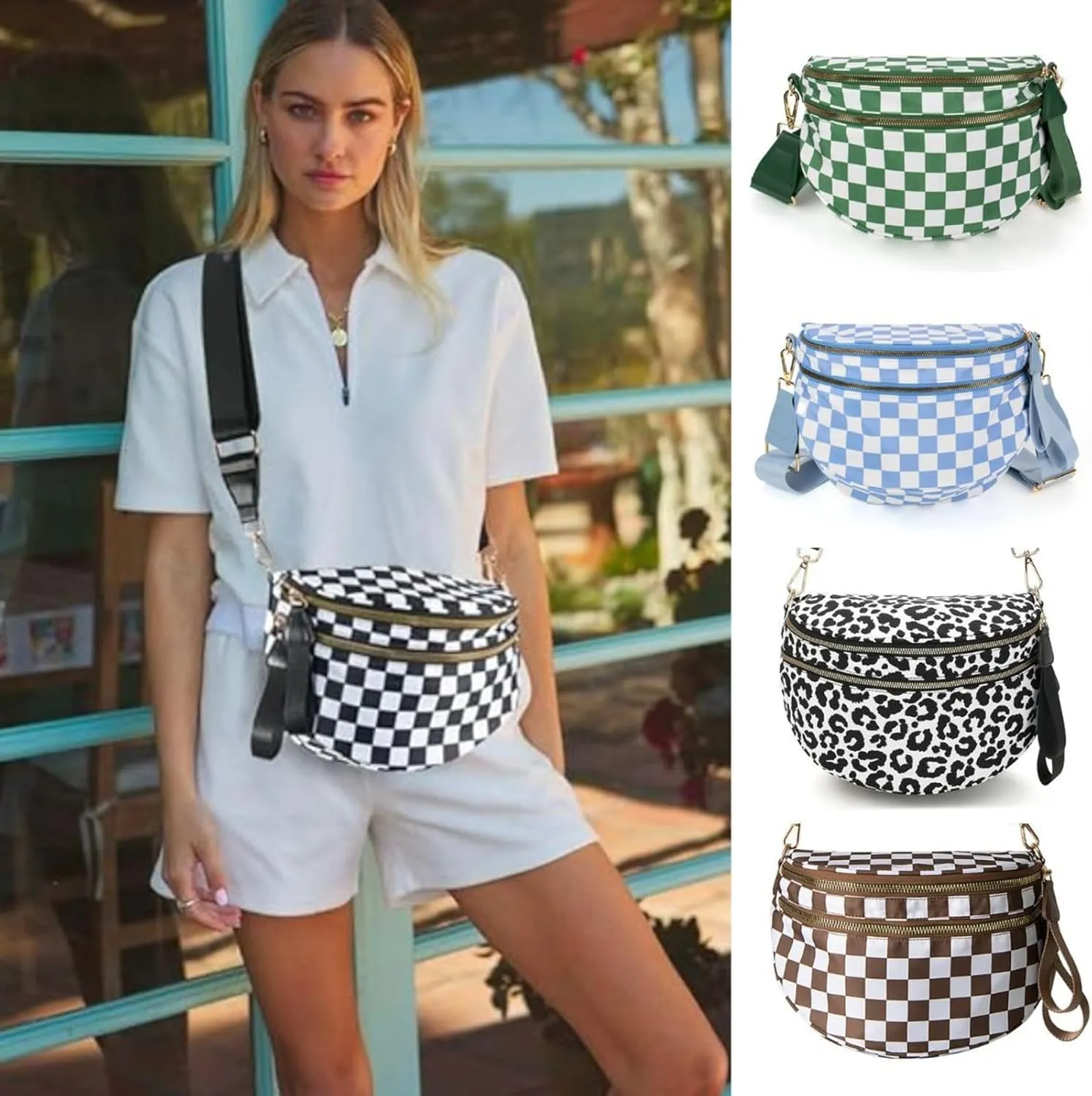 Emmafy Crossbody Bags for Women, Black And White Checkered Crossbody Bag for Women, Spacious Checkered Purse Fanny Pack