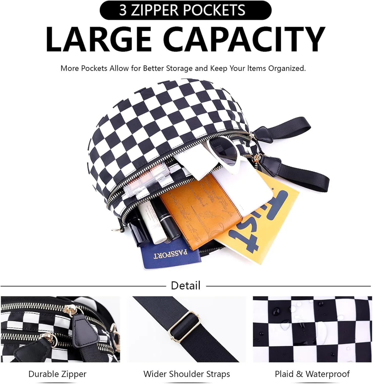 Emmafy Crossbody Bags for Women, Black And White Checkered Crossbody Bag for Women, Spacious Checkered Purse Fanny Pack