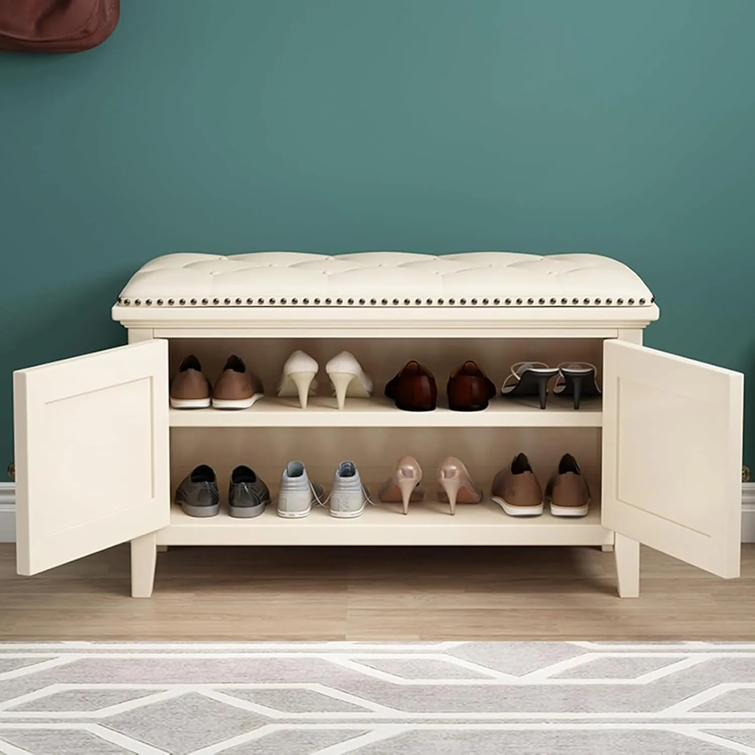 Entryway Bench Shoe Storage Bench with 2 Doors Bench Seat Shoe Rack Bench with Padded Seat Cushion, Sitting Bench, Mudroom Bench(White,80x35x45CM)