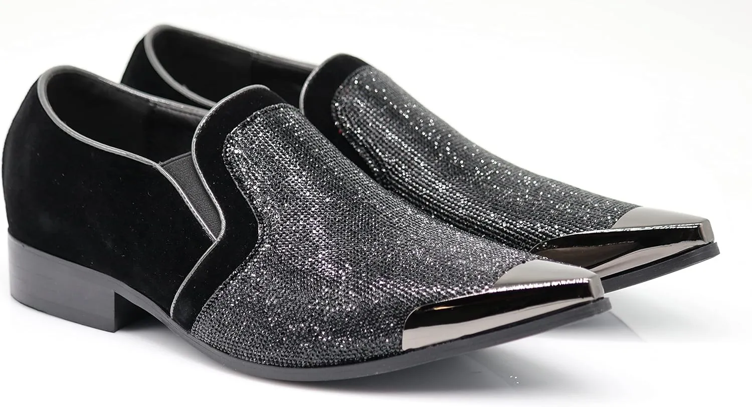 Enzo Romeo Crisiano Men Rhinestone Chrome Toe Suede Pointy Dress Loafer Slip On Shoes