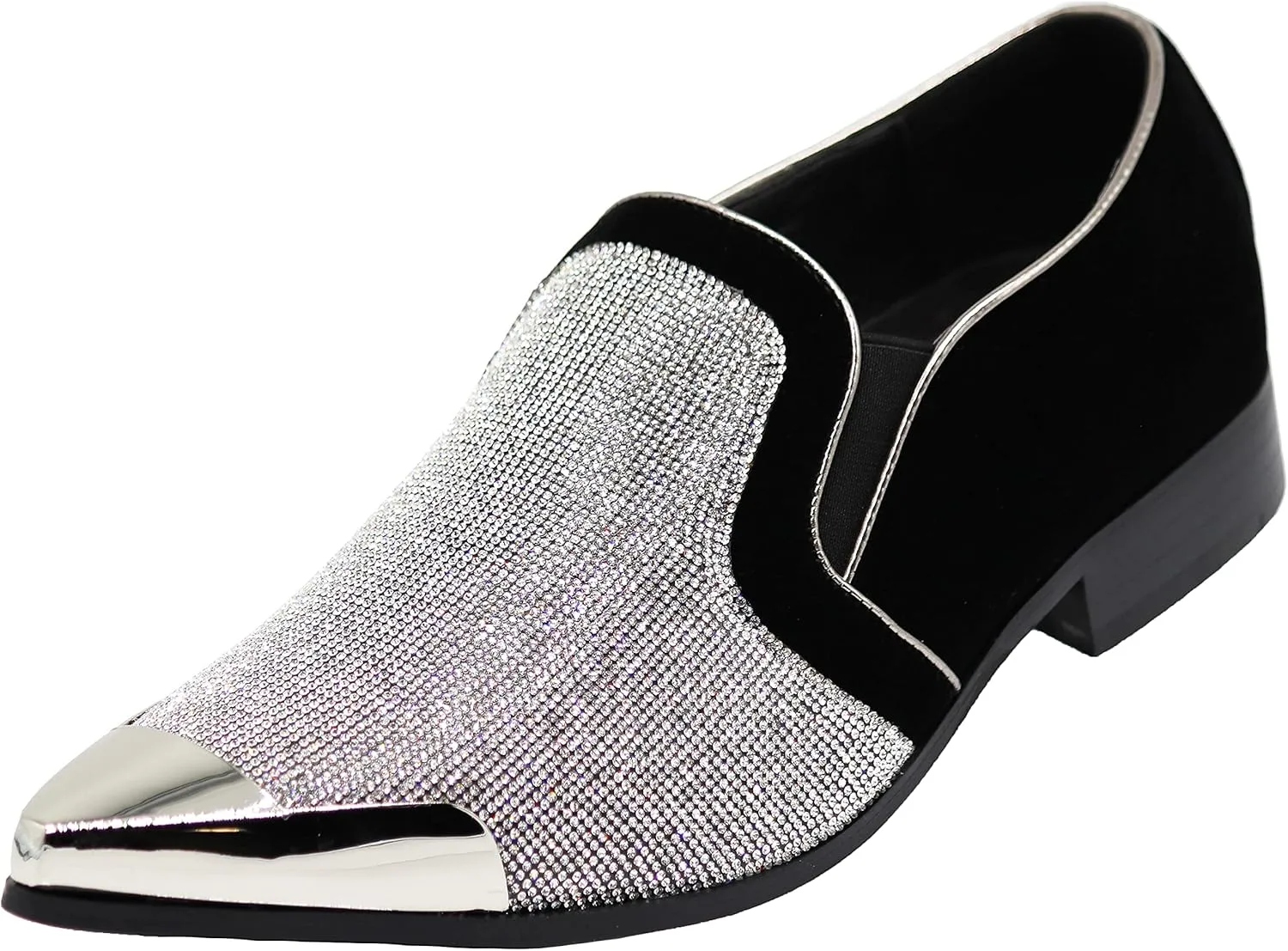 Enzo Romeo Crisiano Men Rhinestone Chrome Toe Suede Pointy Dress Loafer Slip On Shoes