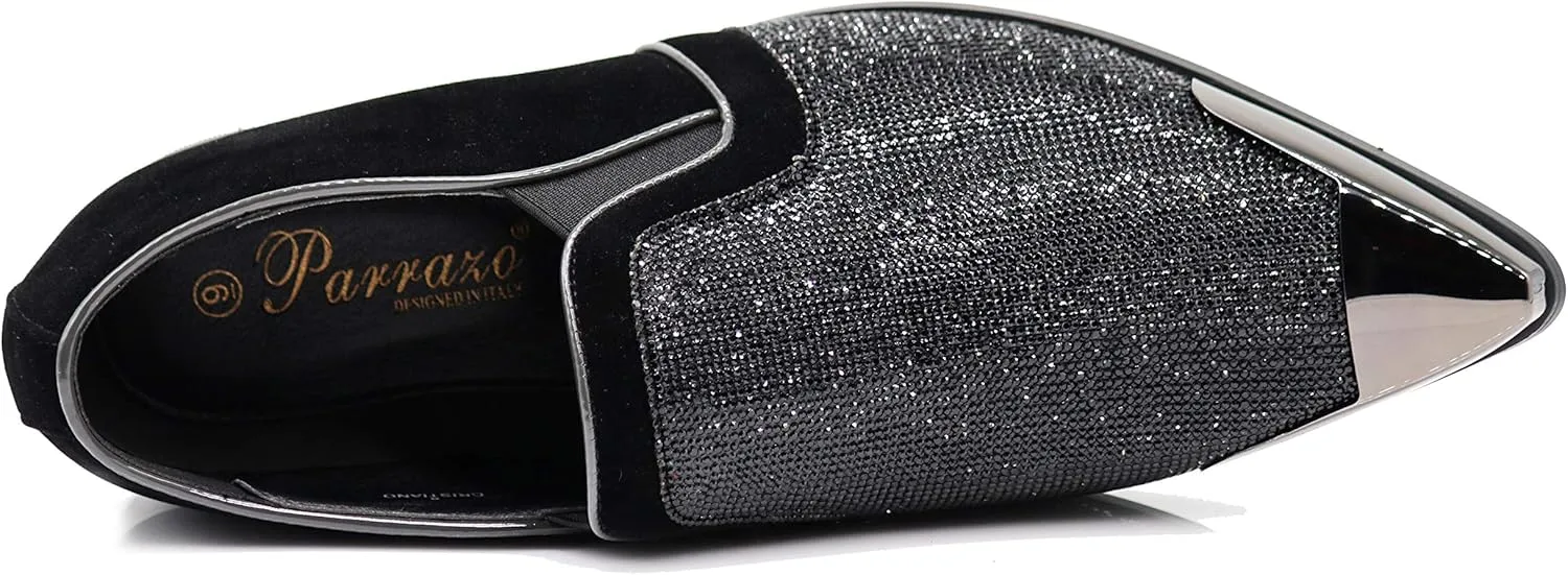 Enzo Romeo Crisiano Men Rhinestone Chrome Toe Suede Pointy Dress Loafer Slip On Shoes