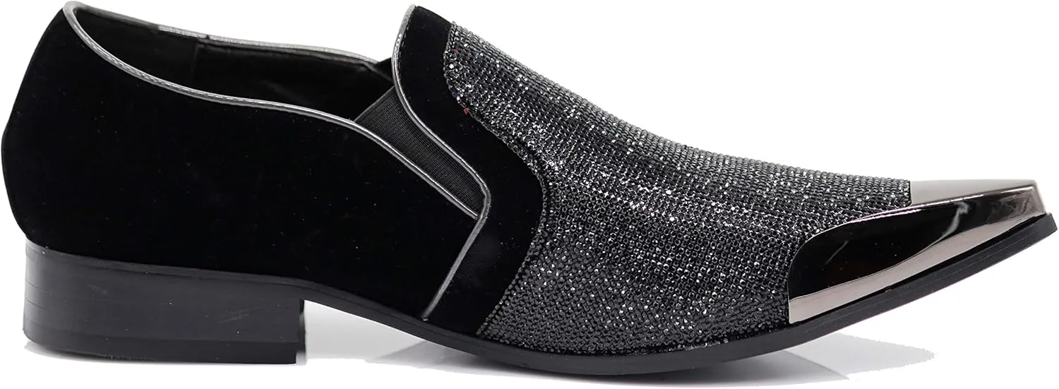Enzo Romeo Crisiano Men Rhinestone Chrome Toe Suede Pointy Dress Loafer Slip On Shoes