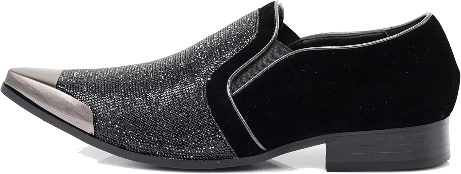 Enzo Romeo Crisiano Men Rhinestone Chrome Toe Suede Pointy Dress Loafer Slip On Shoes