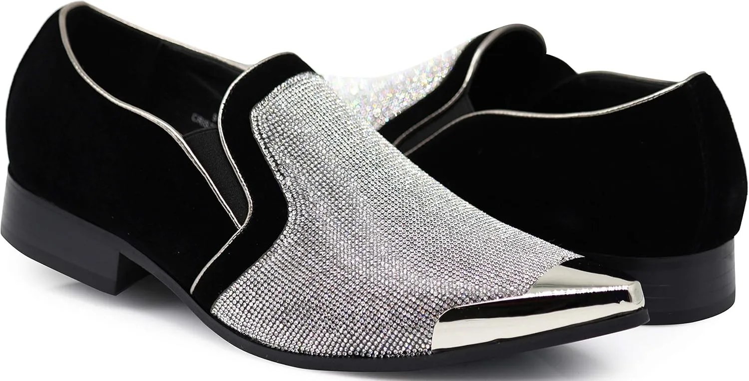 Enzo Romeo Crisiano Men Rhinestone Chrome Toe Suede Pointy Dress Loafer Slip On Shoes