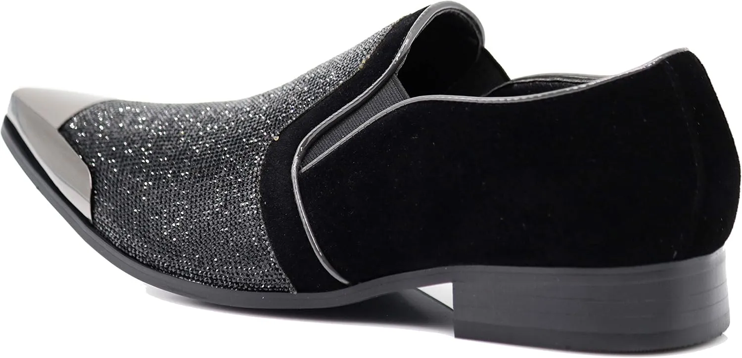 Enzo Romeo Crisiano Men Rhinestone Chrome Toe Suede Pointy Dress Loafer Slip On Shoes