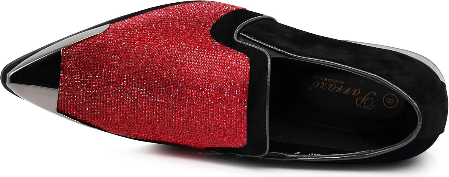 Enzo Romeo Crisiano Men Rhinestone Chrome Toe Suede Pointy Dress Loafer Slip On Shoes