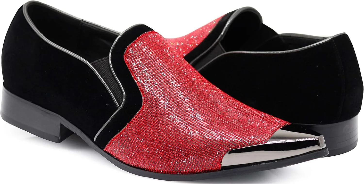 Enzo Romeo Crisiano Men Rhinestone Chrome Toe Suede Pointy Dress Loafer Slip On Shoes