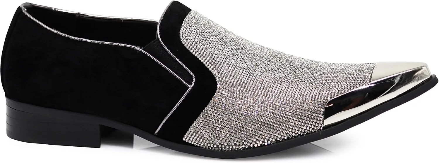Enzo Romeo Crisiano Men Rhinestone Chrome Toe Suede Pointy Dress Loafer Slip On Shoes