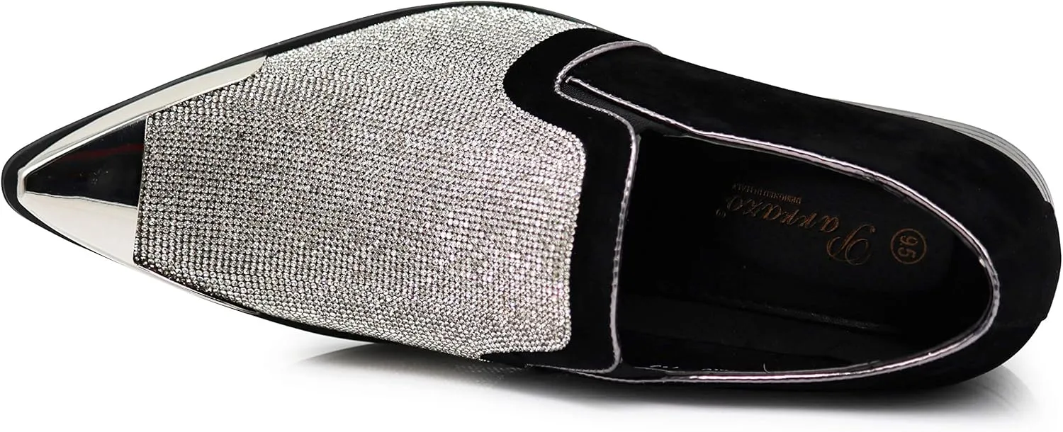 Enzo Romeo Crisiano Men Rhinestone Chrome Toe Suede Pointy Dress Loafer Slip On Shoes