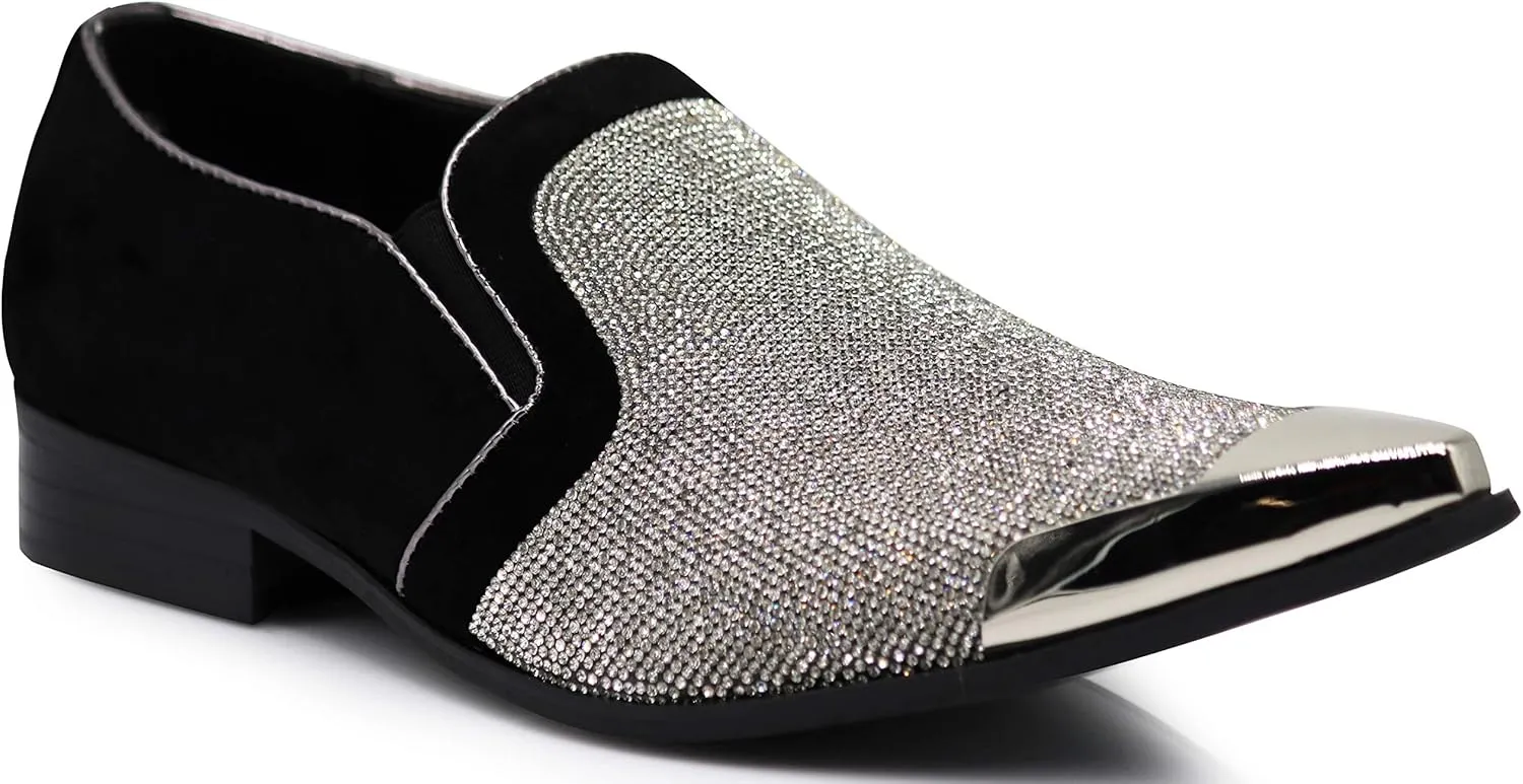 Enzo Romeo Crisiano Men Rhinestone Chrome Toe Suede Pointy Dress Loafer Slip On Shoes