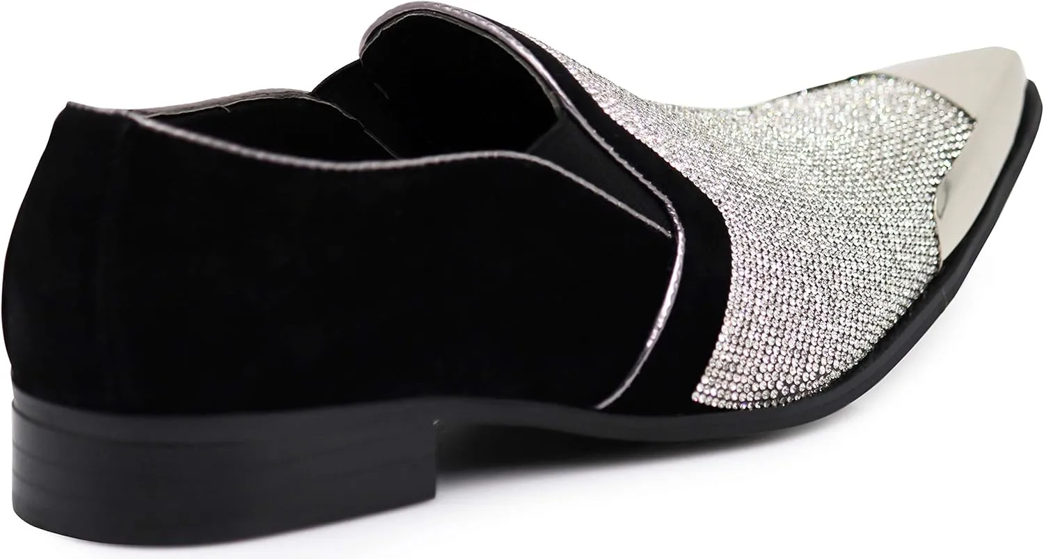 Enzo Romeo Crisiano Men Rhinestone Chrome Toe Suede Pointy Dress Loafer Slip On Shoes
