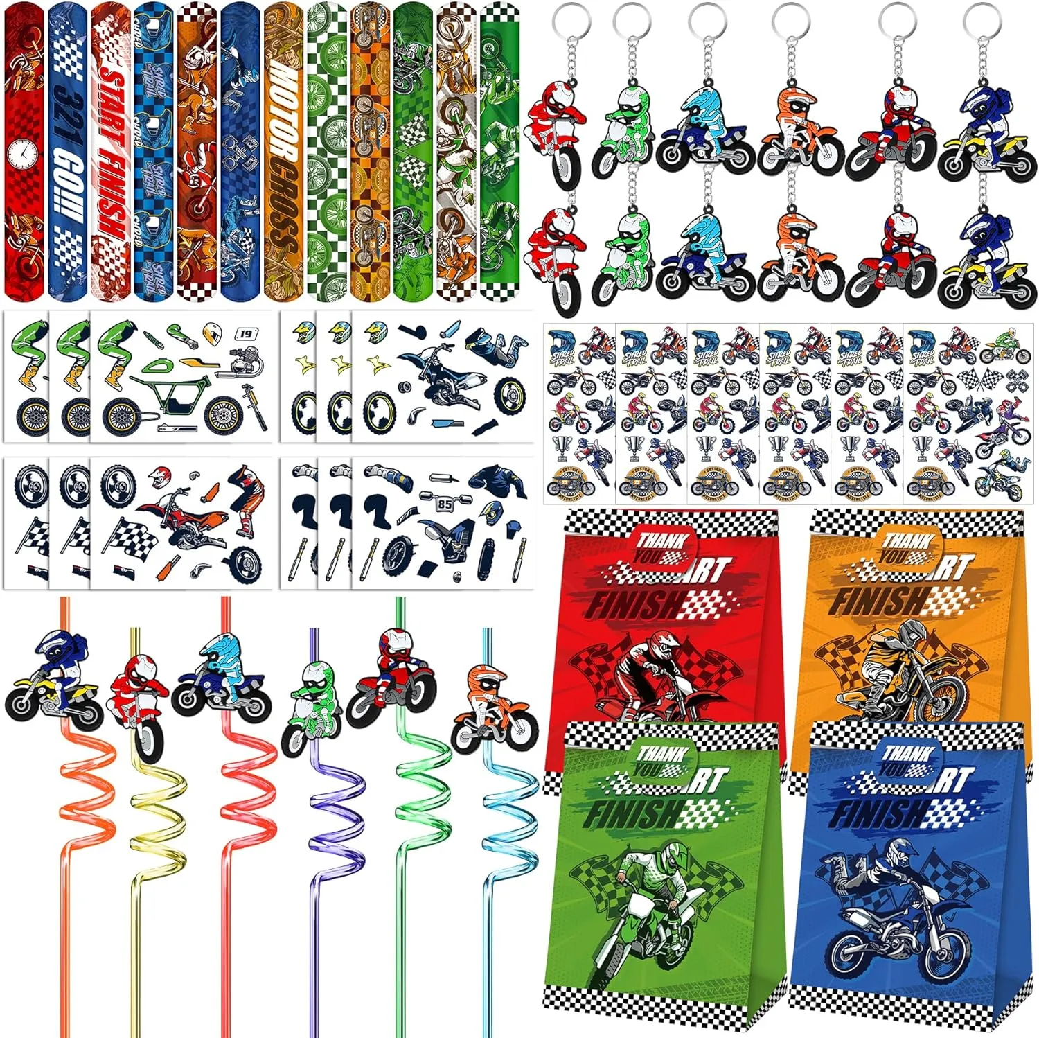 Erweicet Motocross Party Favors 72 PCS Dirt Bike Theme Slap Bracelet Temporary Tattoos DIY Stickers Keychains Straws Gift Bags for Kids Boys Motorcycle Racing Theme Birthday Party Classroom Rewards