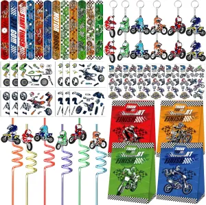 Erweicet Motocross Party Favors 72 PCS Dirt Bike Theme Slap Bracelet Temporary Tattoos DIY Stickers Keychains Straws Gift Bags for Kids Boys Motorcycle Racing Theme Birthday Party Classroom Rewards