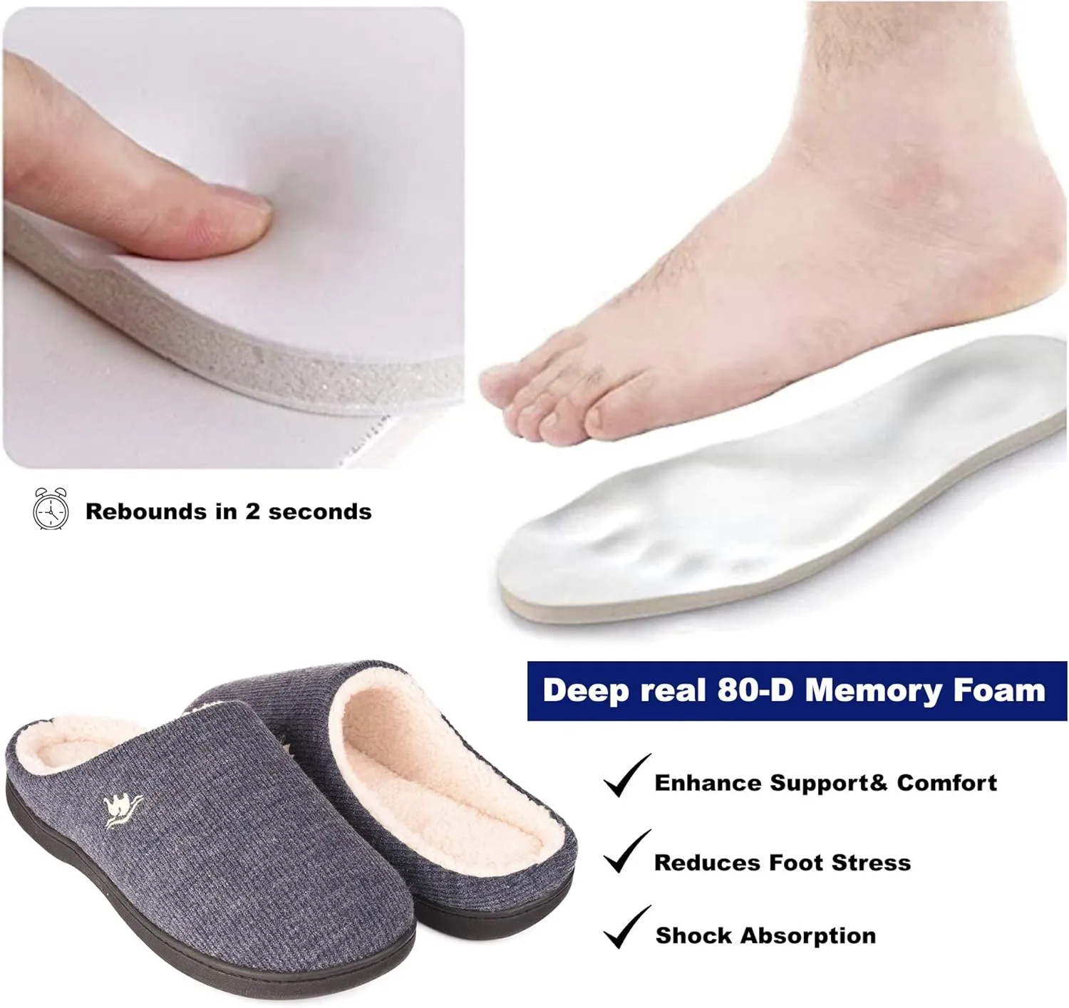 EuropeanSoftest Men's Classic 80-D Memory Foam French Terry Lining Slippers Plush Lining Autumn Breathable Washable Indoor/Outdoor House Shoe w/Anti Slip Sole