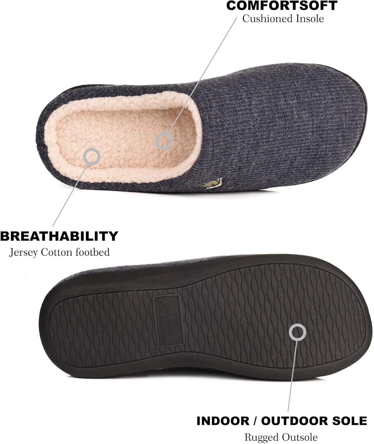 EuropeanSoftest Men's Classic 80-D Memory Foam French Terry Lining Slippers Plush Lining Autumn Breathable Washable Indoor/Outdoor House Shoe w/Anti Slip Sole