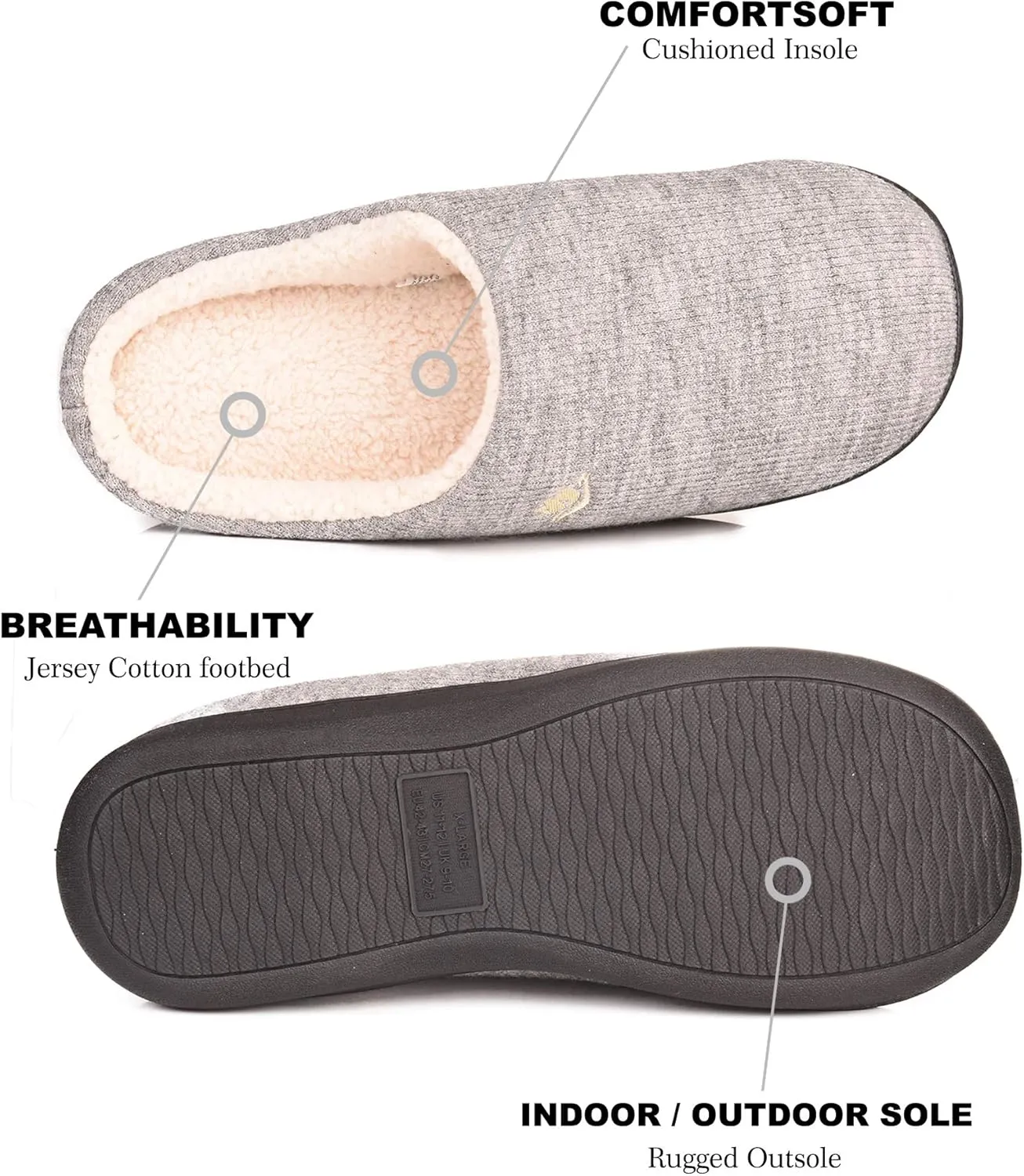 EuropeanSoftest Women's Classic French Terry Lining Slip On 80-D Memory Foam Slippers Breathable Washable Indoor/Outdoor House Shoe w/Anti Slip Sole