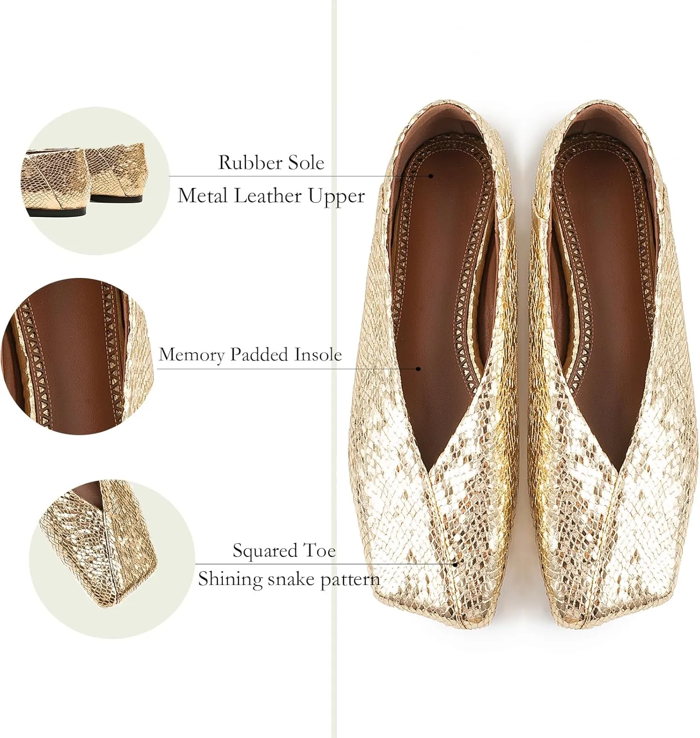 Fandimeier Women's Square Toe Ballet Flats Shoes Snakeskin Dressy Comfortable Slip-on Metallic Leather Ballerina Flats