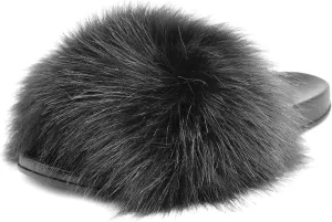 Faux Fur Slides for Women, Fuzzy Slippers Fluffy Sandals Furry House Shoes Indoor Outdoor