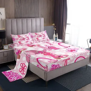 Feelyou Pink Bow Sheet Set King Size Western Bow Boots Bed Sheets Set for Boys Girls Teens Bedroom Decor Watercolor Bow Sheets with Deep Pocket Fitted Sheet Cowhide Bedding Set with 2 Pillow Case