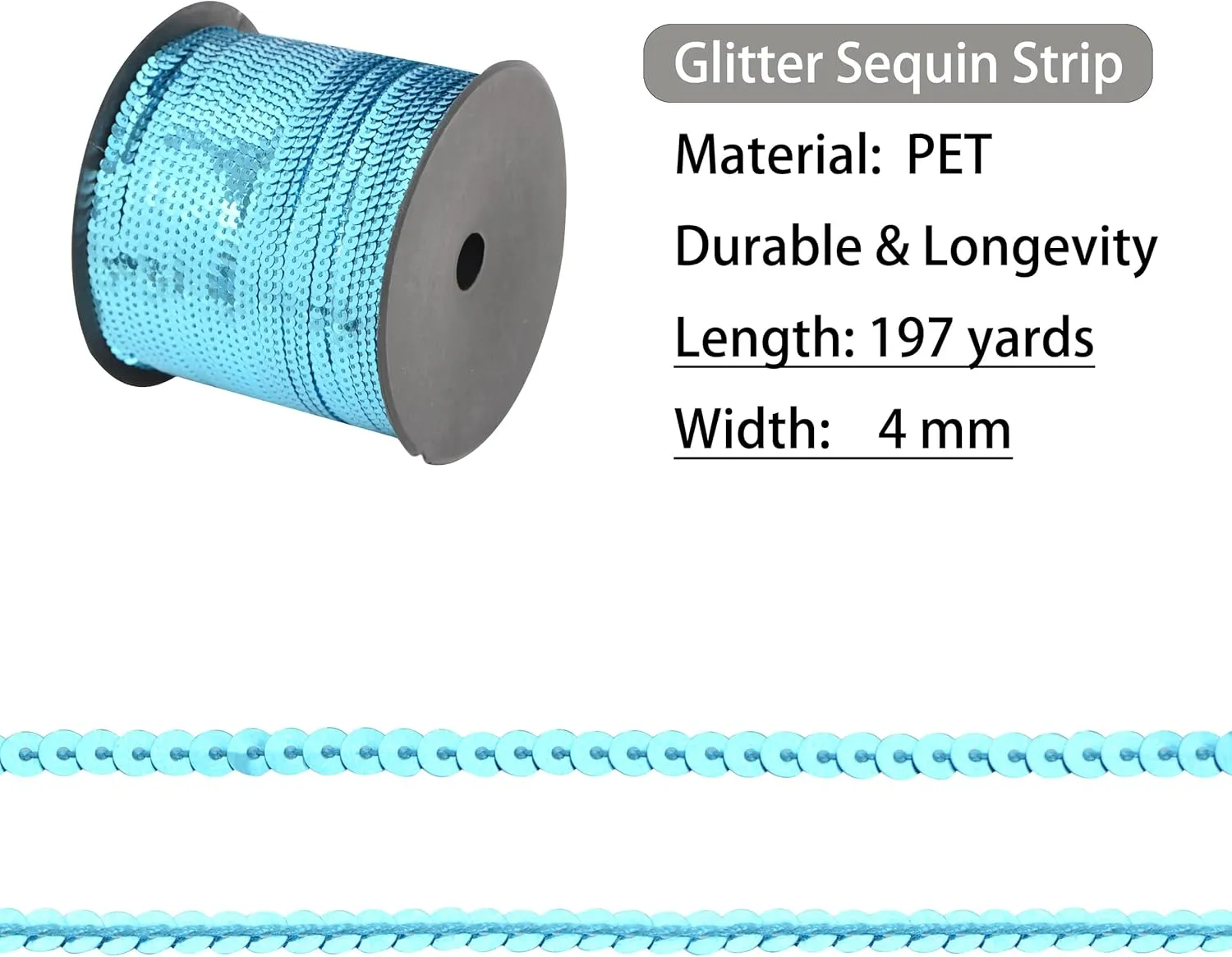 Flat Sequin Strip, 4mm String Metallic Sequin Strand, Paillette Metallic Sequin Trim Sewing String for DIY Crafts Embellishment, 197 Yards, Blue