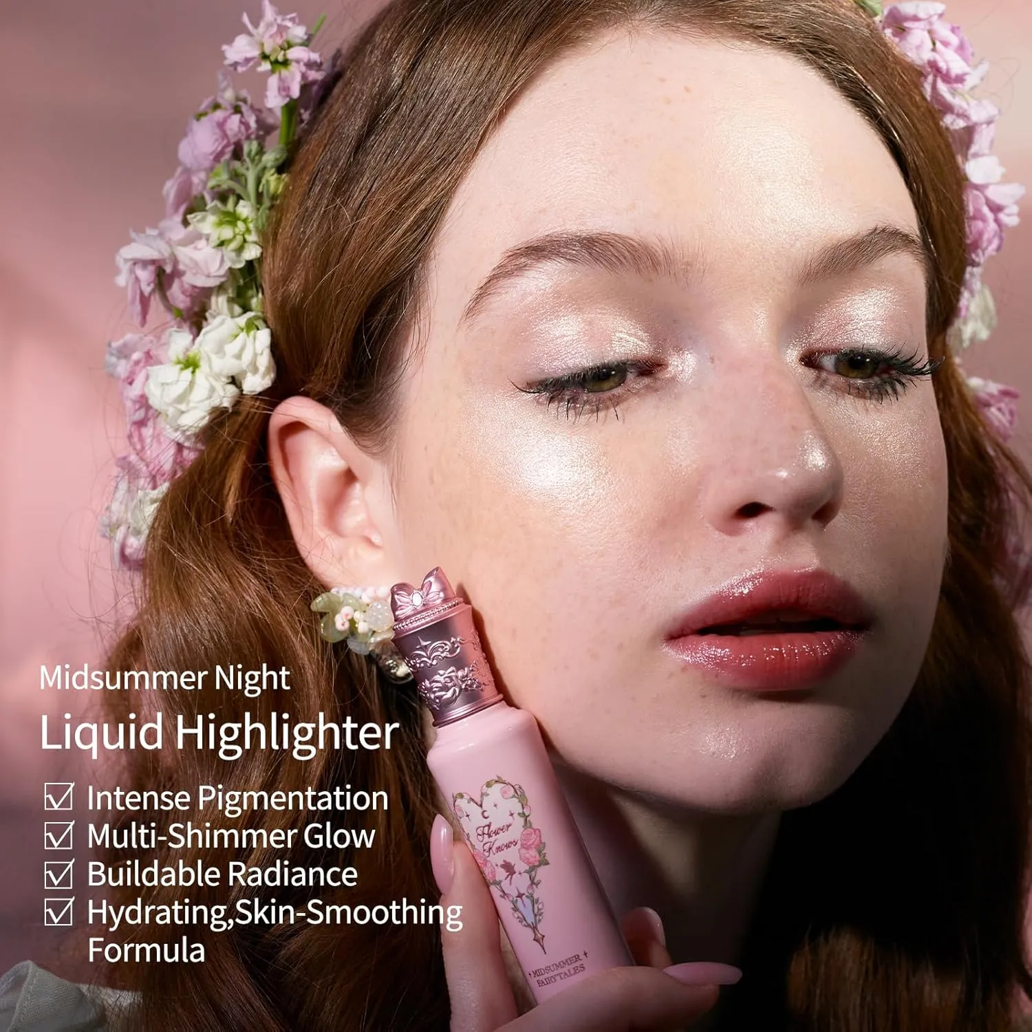 Flower Knows Midsummer Fairytales Liquid Highlighter,Shimmering Face & Body Illuminator,Glow Finish,Blendable & Long-lasting Radiance for Women & Girls(01 Moonlight Swing)