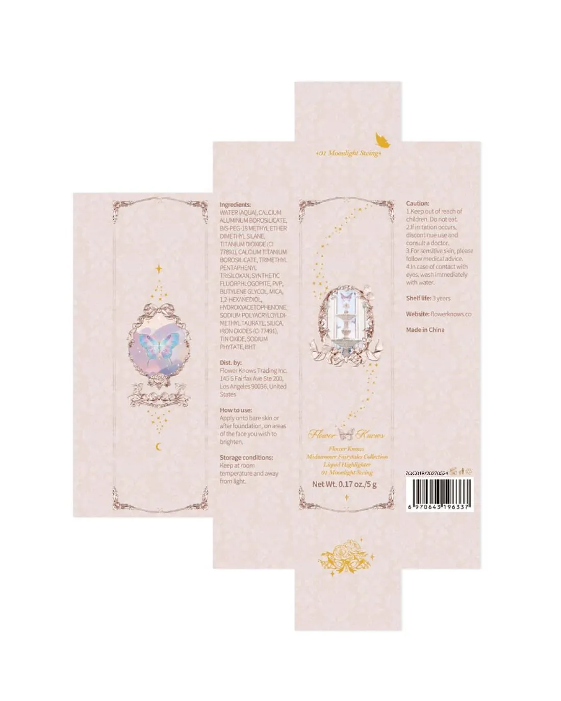 Flower Knows Midsummer Fairytales Liquid Highlighter,Shimmering Face & Body Illuminator,Glow Finish,Blendable & Long-lasting Radiance for Women & Girls(01 Moonlight Swing)