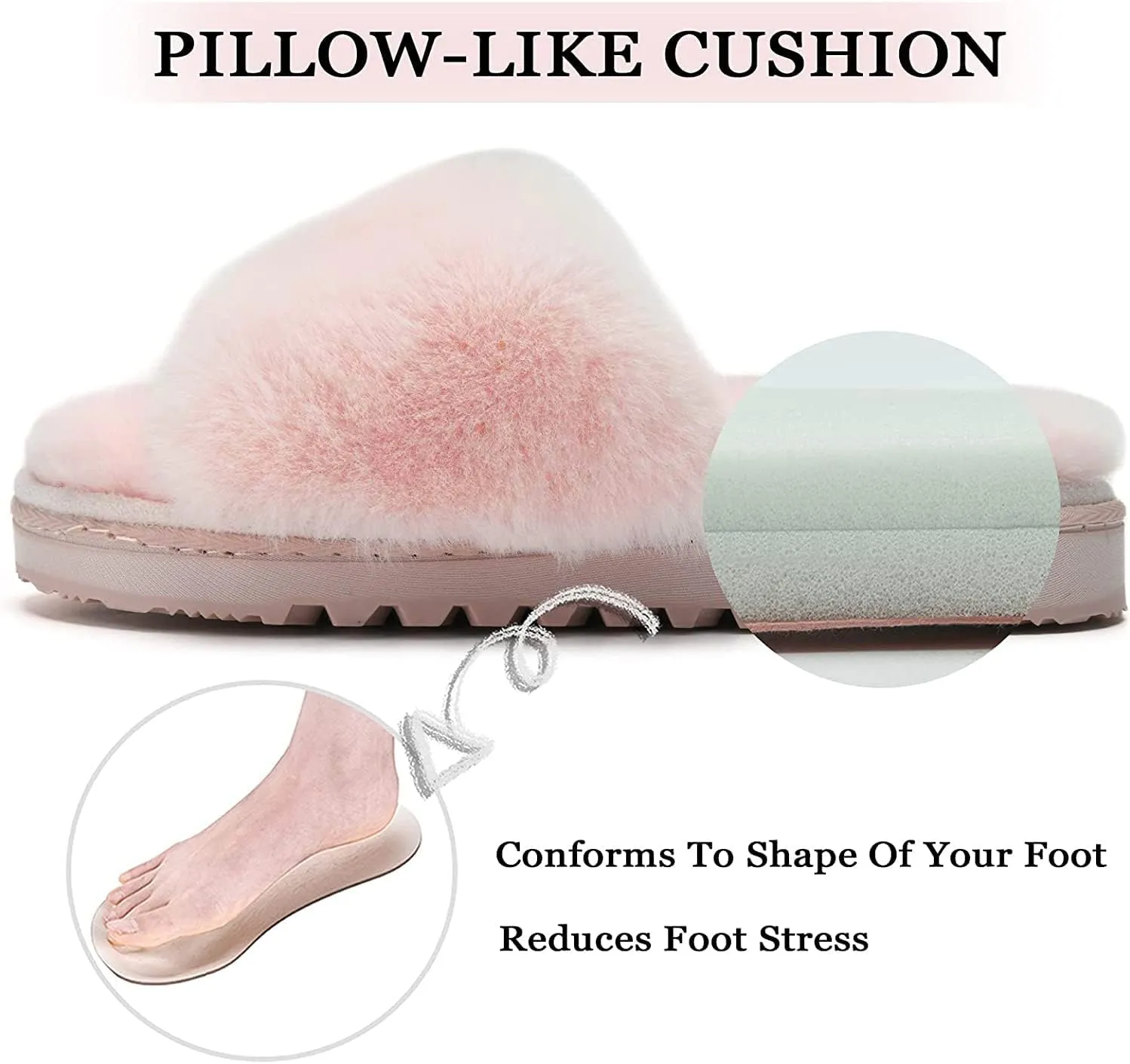 Fluffy Open Toe Slippers for Women Indoor Memory Foam, Comfy Fuzzy Womens Summer House Slippers Non-Slip, Soft Faux Fur Slip-on Woman Home Bedroom Slippers