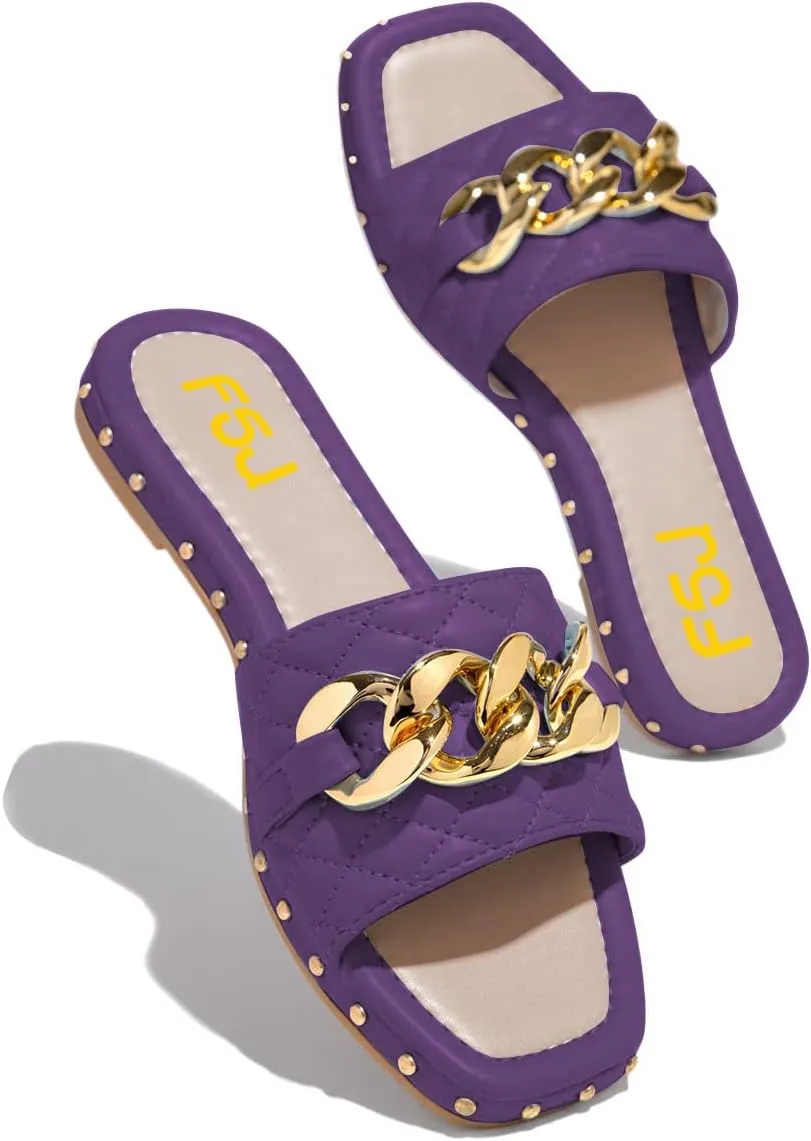 FSJ Women Sexy Square Open Toe Comfortable Flat Thick Sole Cushion Sandals Fashion Gold Chain Style Slip On Slides Checkered Strap Studded Daily Ladies Summer Shoes Size 4-15 US