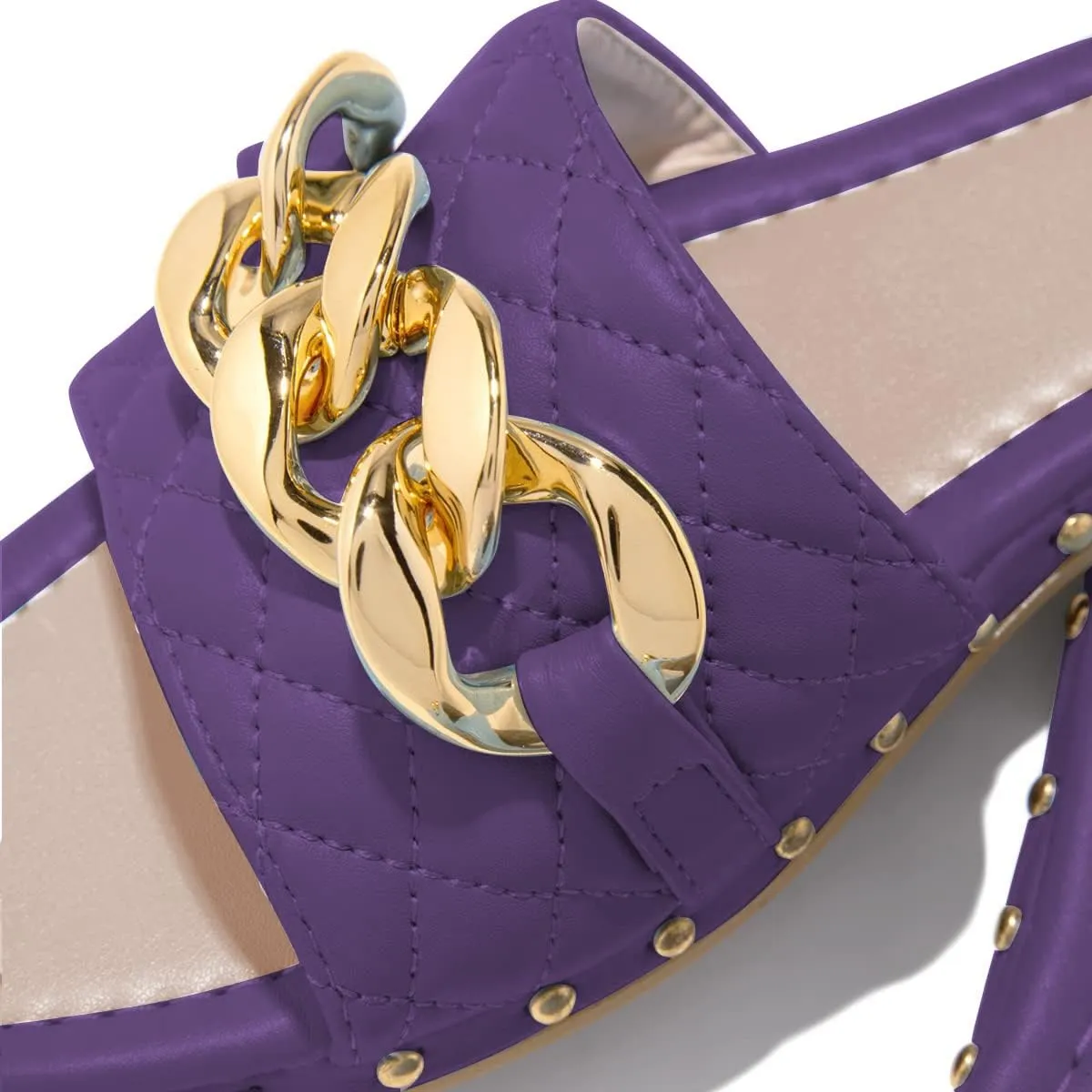 FSJ Women Sexy Square Open Toe Comfortable Flat Thick Sole Cushion Sandals Fashion Gold Chain Style Slip On Slides Checkered Strap Studded Daily Ladies Summer Shoes Size 4-15 US