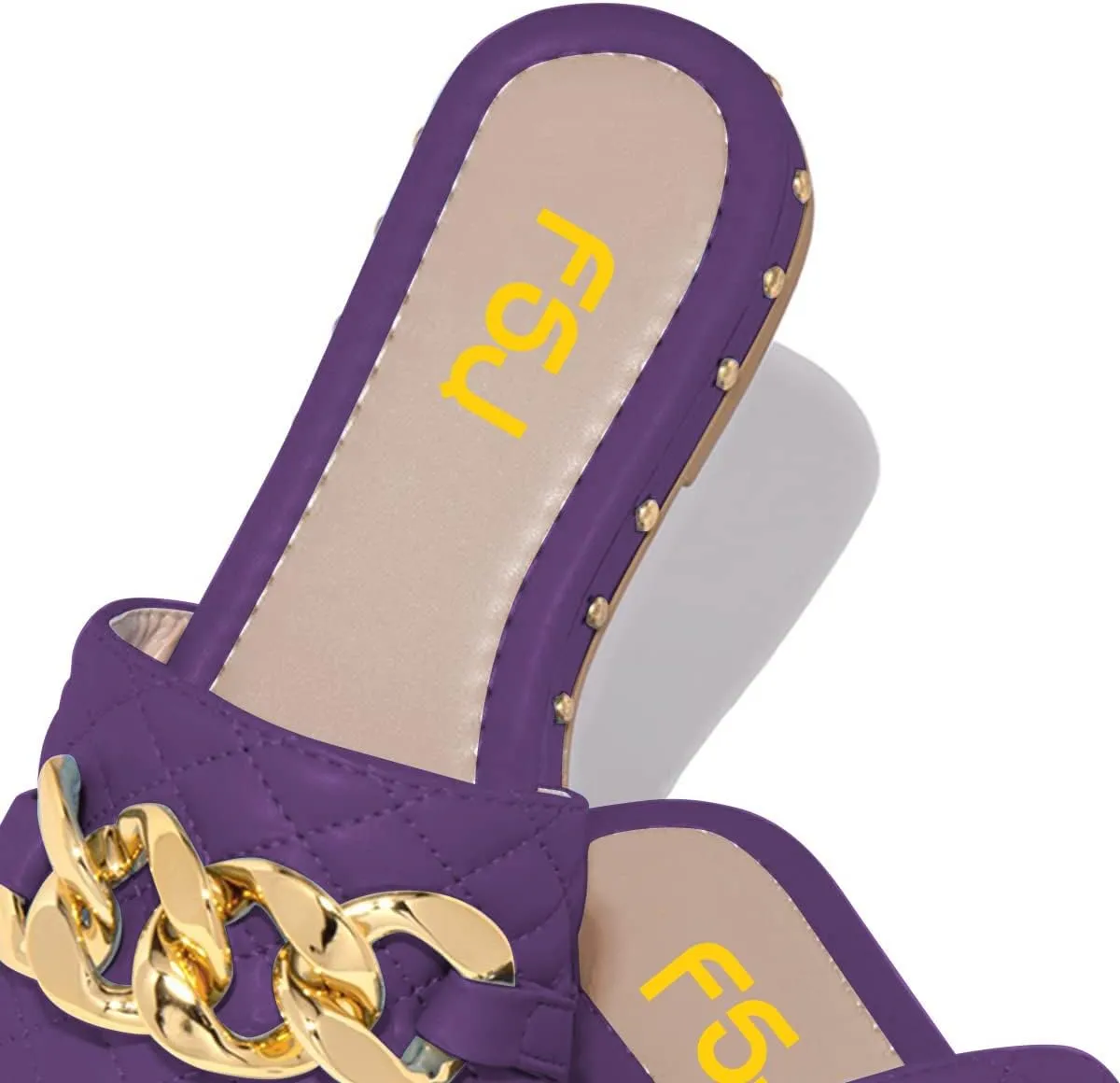 FSJ Women Sexy Square Open Toe Comfortable Flat Thick Sole Cushion Sandals Fashion Gold Chain Style Slip On Slides Checkered Strap Studded Daily Ladies Summer Shoes Size 4-15 US