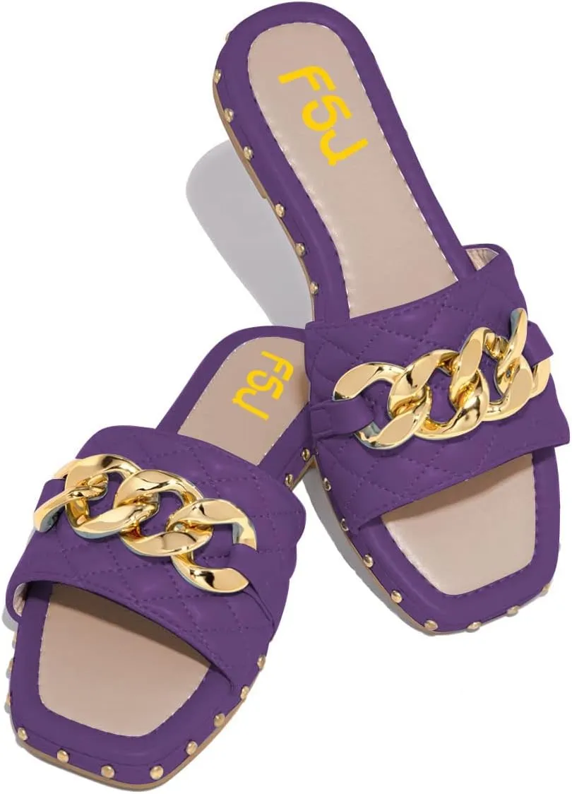 FSJ Women Sexy Square Open Toe Comfortable Flat Thick Sole Cushion Sandals Fashion Gold Chain Style Slip On Slides Checkered Strap Studded Daily Ladies Summer Shoes Size 4-15 US