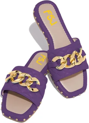 FSJ Women Sexy Square Open Toe Comfortable Flat Thick Sole Cushion Sandals Fashion Gold Chain Style Slip On Slides Checkered Strap Studded Daily Ladies Summer Shoes Size 4-15 US