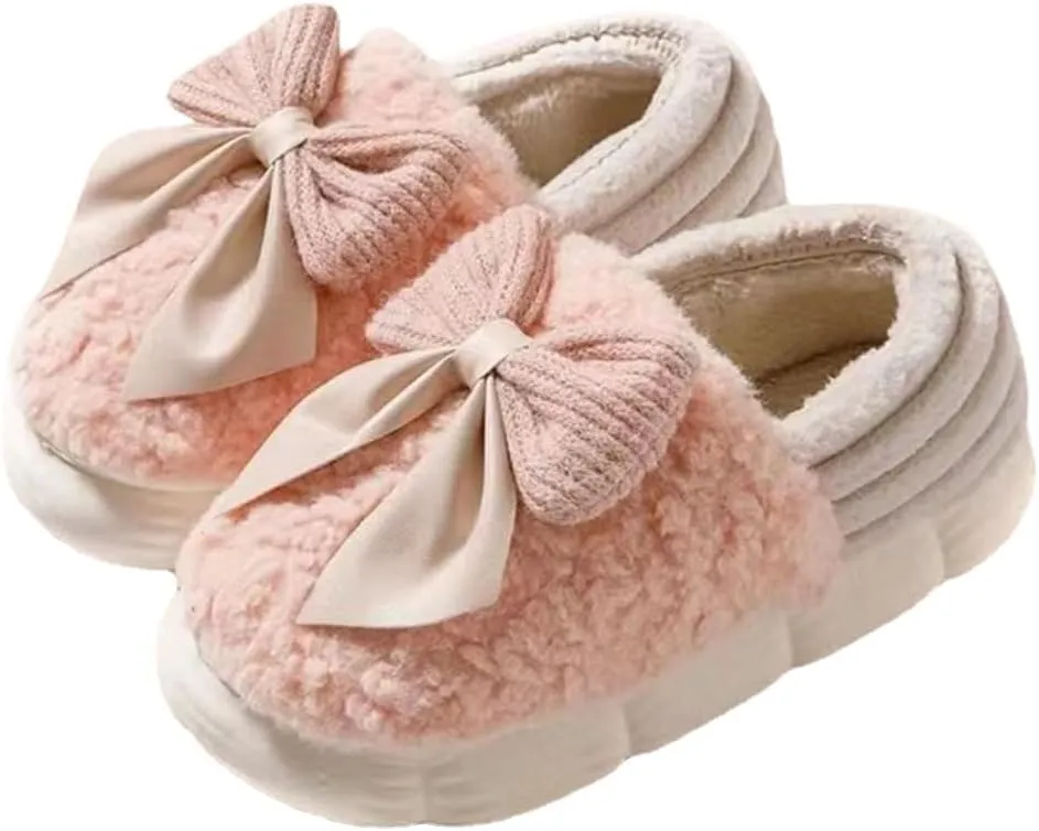 Fuzzy Bow Tie Slippers for Women Closed Back Fluffy House Shoes Winter Indoor Outdoor Slippers