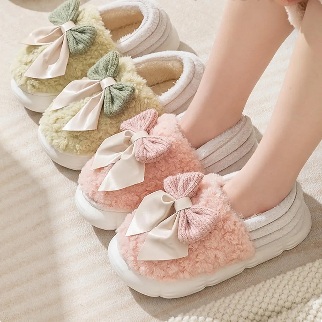 Fuzzy Bow Tie Slippers for Women Closed Back Fluffy House Shoes Winter Indoor Outdoor Slippers