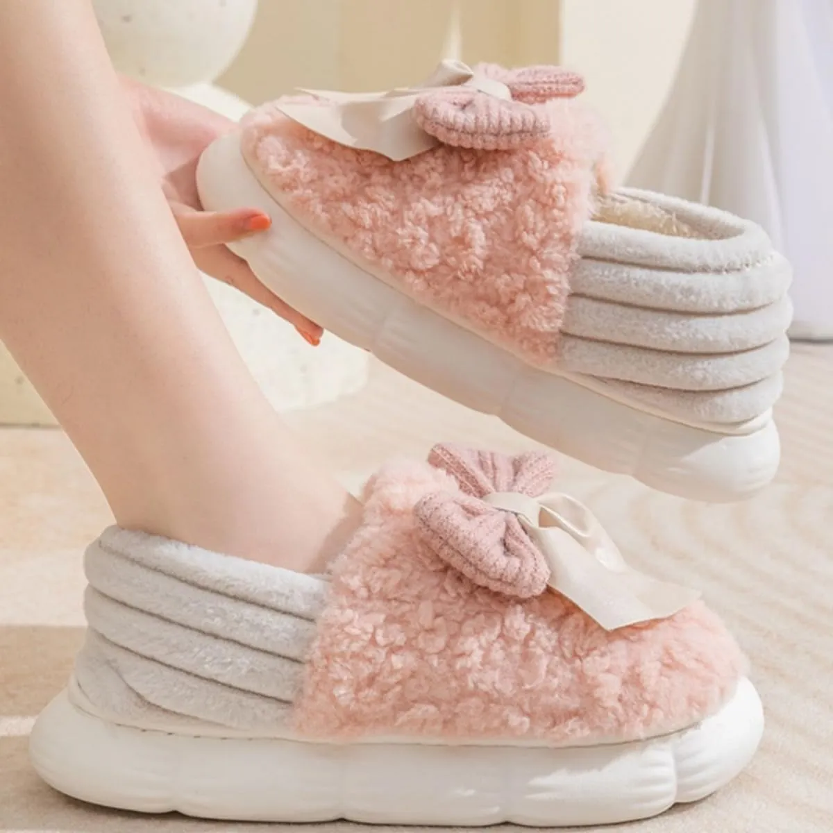 Fuzzy Bow Tie Slippers for Women Closed Back Fluffy House Shoes Winter Indoor Outdoor Slippers
