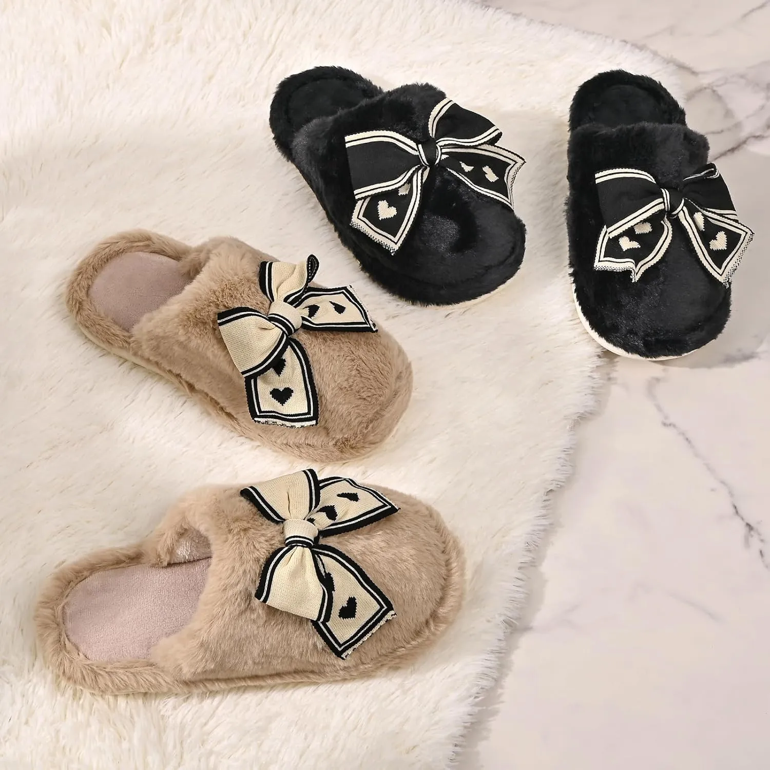 Fuzzy Knitted Bow Slippers for Women, Winter Bedroom Warm Fur Lined Slippers with Anti-Skid Sole, Cozy House Home Slip-On Shoes