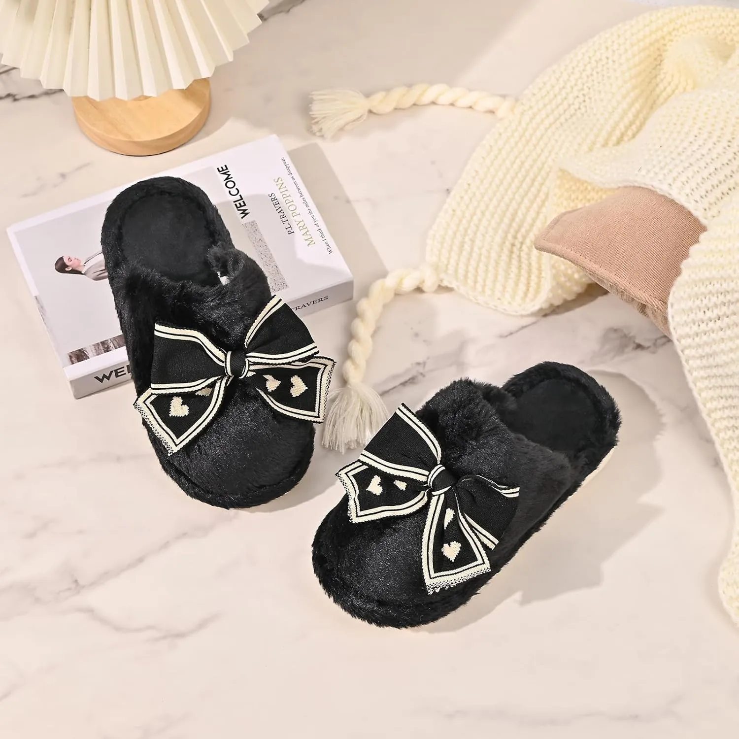 Fuzzy Knitted Bow Slippers for Women, Winter Bedroom Warm Fur Lined Slippers with Anti-Skid Sole, Cozy House Home Slip-On Shoes
