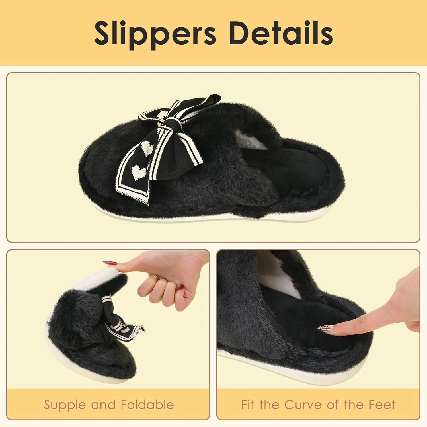 Fuzzy Knitted Bow Slippers for Women, Winter Bedroom Warm Fur Lined Slippers with Anti-Skid Sole, Cozy House Home Slip-On Shoes
