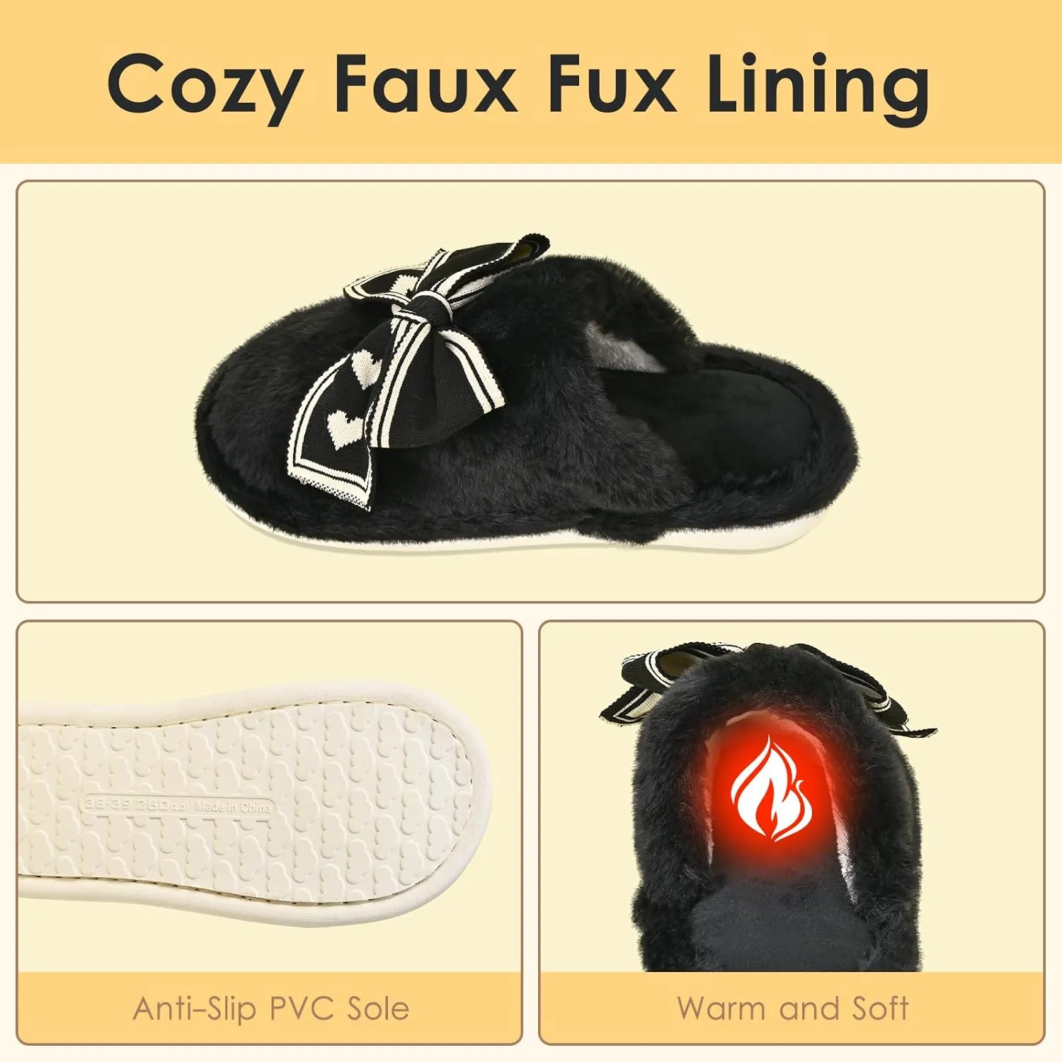 Fuzzy Knitted Bow Slippers for Women, Winter Bedroom Warm Fur Lined Slippers with Anti-Skid Sole, Cozy House Home Slip-On Shoes